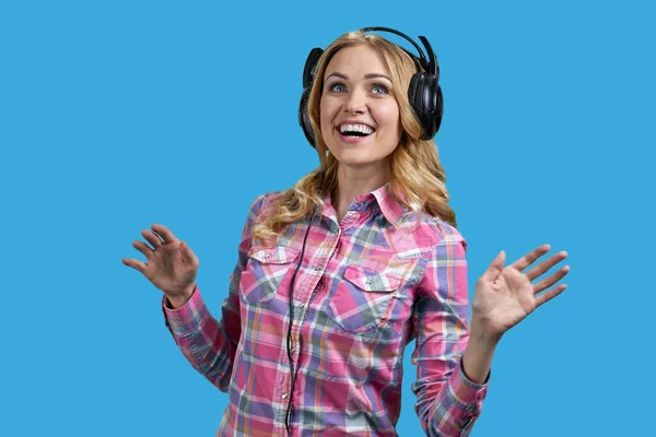 Happy Excited Woman Headphones Having Fun Listening Music Relaxed Girl — Stockfoto