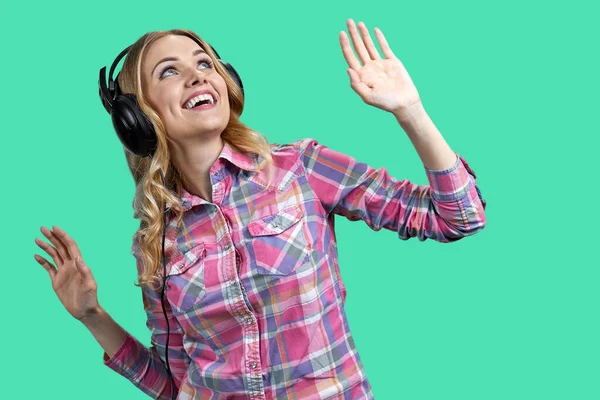 Happy Young Woman Dancing Listening Music Color Background Joyful Girl — Stock Fotó