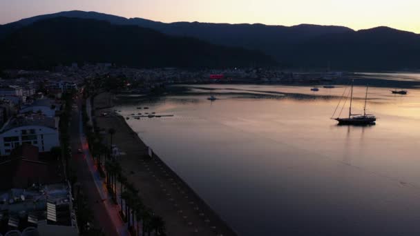 Panorama Illuminated Resort Town Evening Marmaris Turkey Aerial View Drone — Video