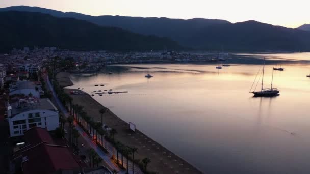 Aerial Panoramic View Embankment Sea Bay Mountains Sunset Marmaris City — Video