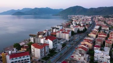 Resort city Marmaris, Turkey. Aerial panoramic view from drone. Travel to Europe.