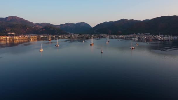 Aerial Panoramic View Yachting Marina Resort Town Marmaris Turkey Ships — стоковое видео