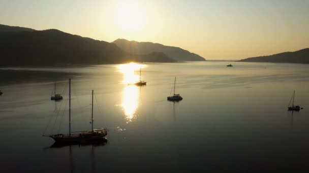 Aerial Drone View Calm Sea Bay Parked Boats Beautiful Morning — Wideo stockowe