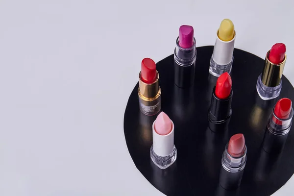 Set Standing Multicolored Lipstiks White Background Cosmetic Makeup Accessories — Fotografia de Stock