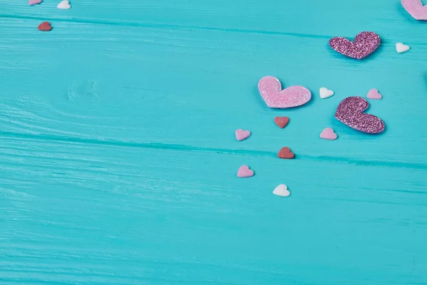 Pink Purple Hearts Blue Wood Love Valentines Day Concept — Foto de Stock