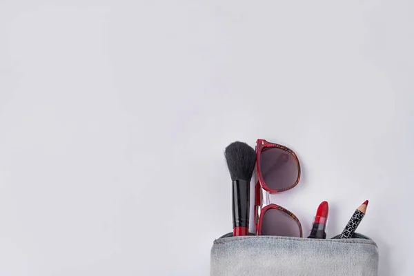 Set Womens Makeup Accessories White Background Sunglasses Brush Lipstick Copy — Foto Stock