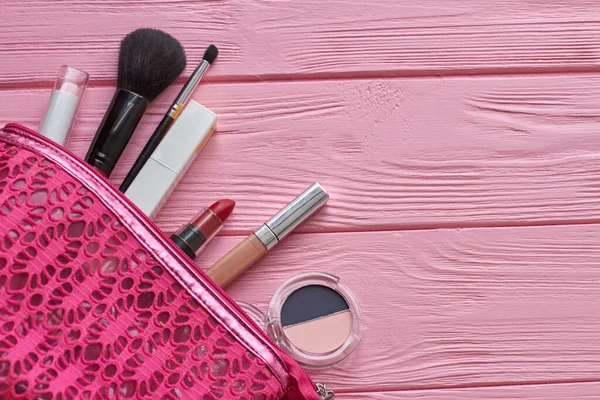 Purse Set Makeup Tools Wooden Desk Top View Close Cosmetic — Foto Stock