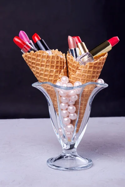 Ice Cream Cones Lipsticks Glass Cup Black White Background — Stock Photo, Image