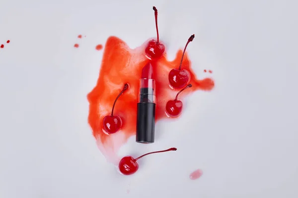 Top View Red Lipstick Cherries Wet Stain Isolated White — Foto de Stock