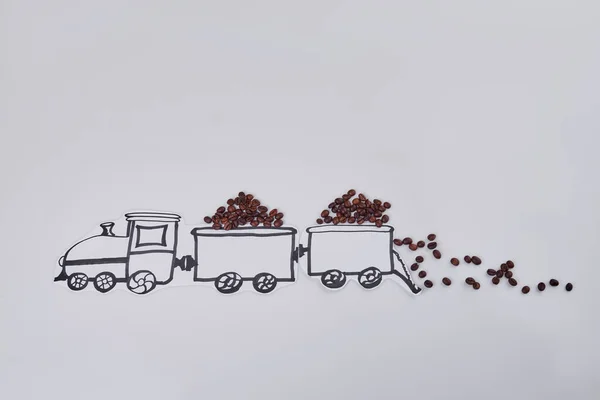 Cartoon Train Full Coffee Beans White Background Hand Drawn Locomotive — 스톡 사진