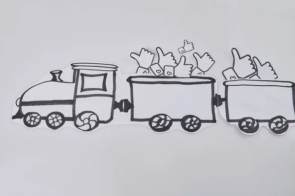 Hand drawn steam locomotive with pile of likes. Wagons with thumbs up.