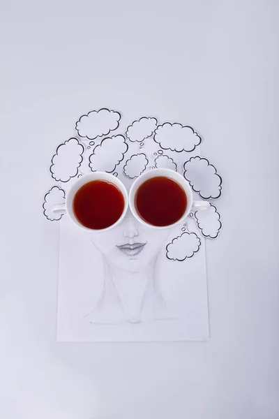 Hand Drawn Female Face Tea Cup Eyes Vertical Shot White — Photo