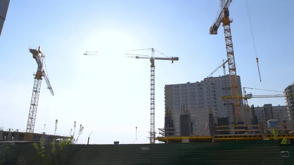 Many New High Rise Buildings Cranes Blue Sky Background Bright — Stok fotoğraf