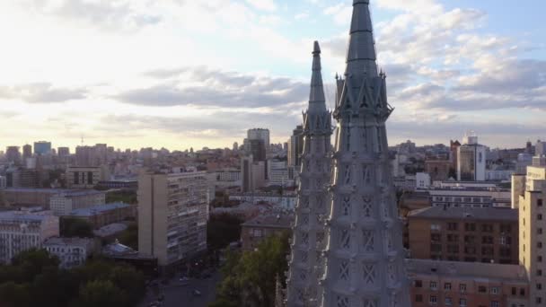 Aerial View Urban Cityscape Catholic Church Cathedral Morning Sky Background — Vídeo de stock