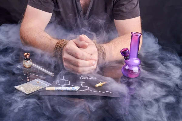 Hostage Cannabis Drug Addiction Slavery Concept Bound Male Hands Smoking — Stock Photo, Image