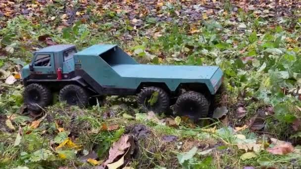 Flatbed Towing Truck Going Backward Grass Autumn Leaves Radio Control — Stock videók