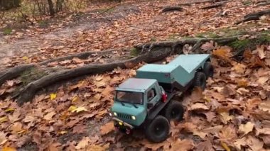 RC vehicle on rough terrain with tree roots and dried autumn leaves. Radio controlled flatbed towing truck.