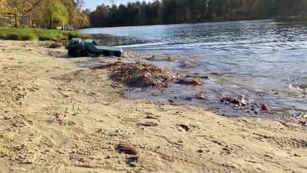 Flatbed Towing Truck Going Pond Shore Sand Shallow Water Fast — Vídeo de stock