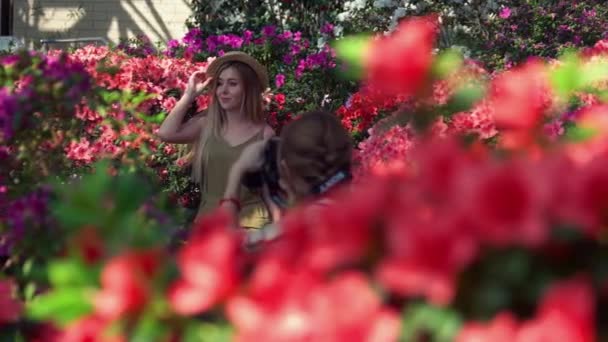 Piękna Młoda Kobieta Pozująca Kwitnącymi Kwiatami Azalii Ogrodzie Botanicznym Malowniczy — Wideo stockowe