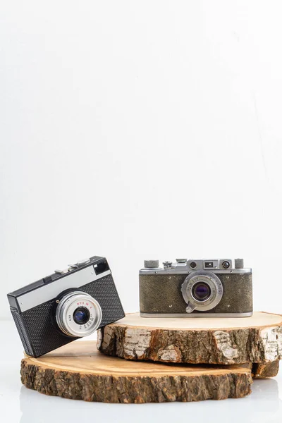 Dos Cámaras Fotográficas Retro Tableros Madera Concepto Cámaras Para Hombre — Foto de Stock