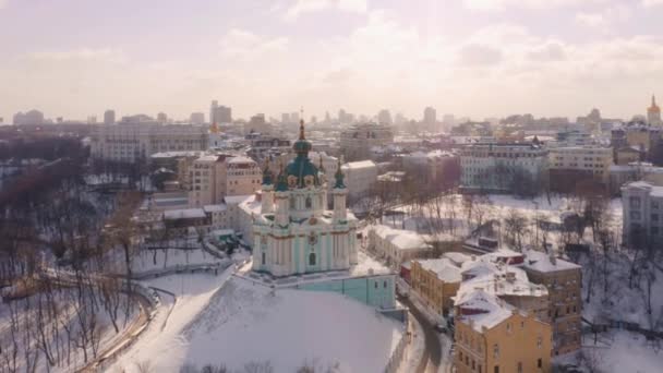 Aerial View Podol Andrews Church Kiev Drone View City — Stock Video
