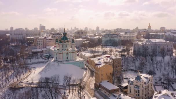 Kiev Luchtfoto Panorama Van Podil Lagere Oude Stad Andrews Kerk — Stockvideo