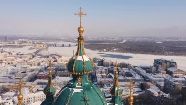 Drone View Domes Andrews Church Aerial View Podol Dnepr River — Stock Video