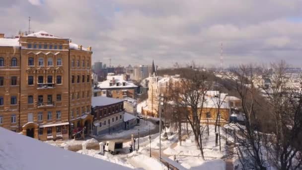 Вид Зимове Місто Вкрите Снігом Будівлі Дерева — стокове відео