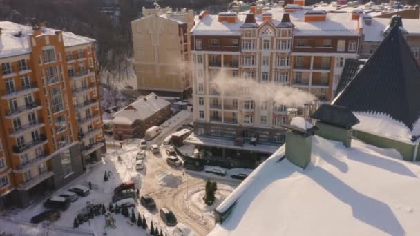 Вид Зверху Зимовий Міський Пейзаж Руфи Вкриті Снігом — стокове відео