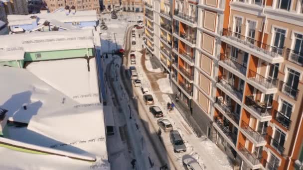 Aerial View Bulding Roofs Cars Covered Snow City Heavy Snowfall — Stock Video