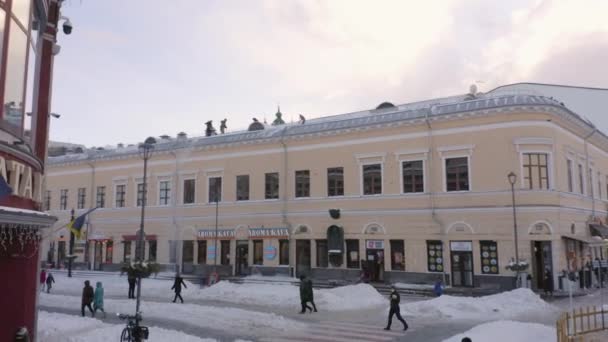 2021 Kiev Oekraïne Mannen Die Met Schoppen Het Dak Schoonmaken — Stockvideo