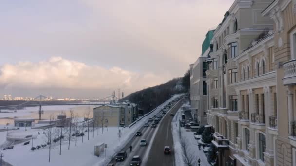 Paysage Urbain Kiev Route Avec Des Voitures Mouvement Journée Hiver — Video