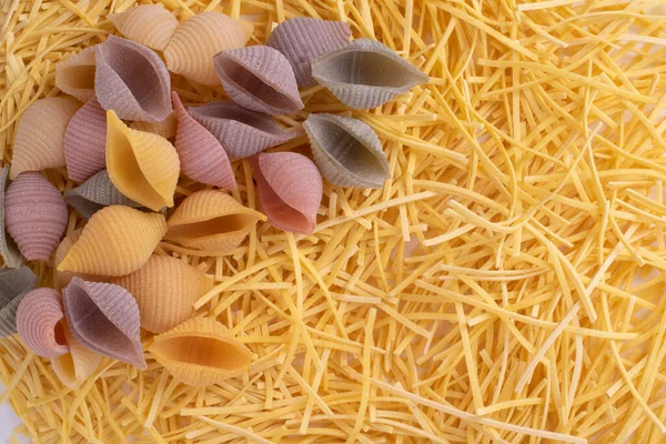 Various raw pasta and spagetti Traditional Italian cuisine. Top view. — Stock Photo, Image