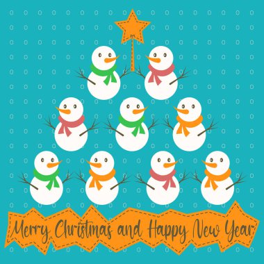 Kardan adamdan yapılmış Noel ağacı piramidi ve el yazısı Mutlu Noeller ve benekli yeni yılınız kutlu olsun.