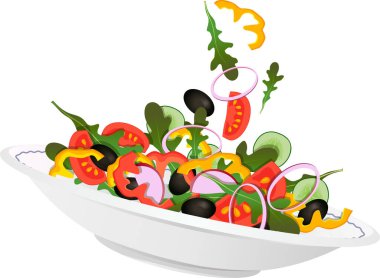 Şeffaf arkaplanda soğan, turp, salatalık, zeytin, domates ve roka ile vejetaryen salata tabağı.