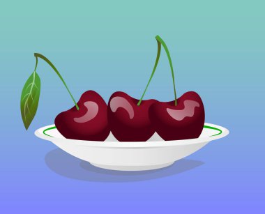 Vişne dolu plaka, eğimli bir arkaplanda düz bir şekilde izole edilmiş çizimle dolu.