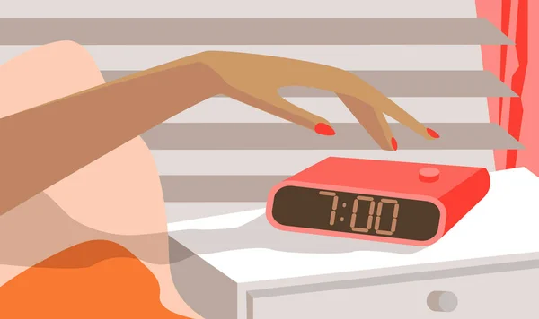 Morning Bedroom Interior Wake Girls Hand Pushing Snooze Button — Vector de stock