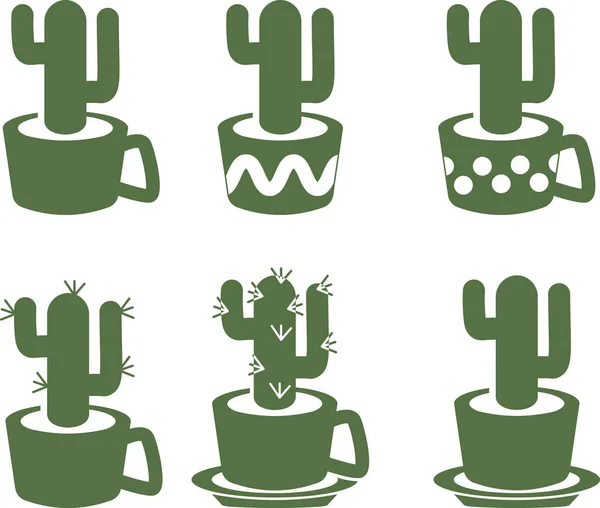Ensemble Cactus Dessin Simple Monochrome Dans Des Tasses Des Pots — Image vectorielle