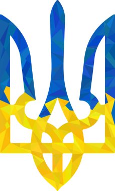 Textured Ukrainian national emblem trident tryzub in Ukrainian flag colors and low polygonal pattern clipart