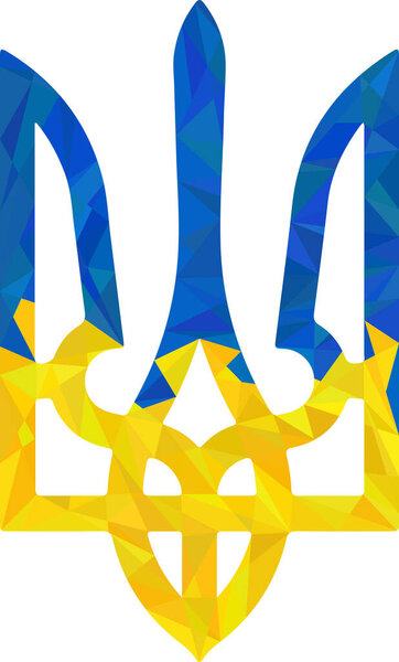 Textured Ukrainian national emblem trident tryzub in Ukrainian flag colors and low polygonal pattern