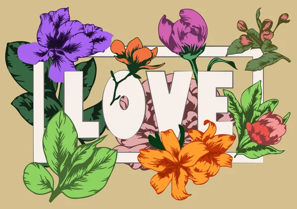 有爱情排字艺术的贺卡和盛开的花园花朵 — 图库照片