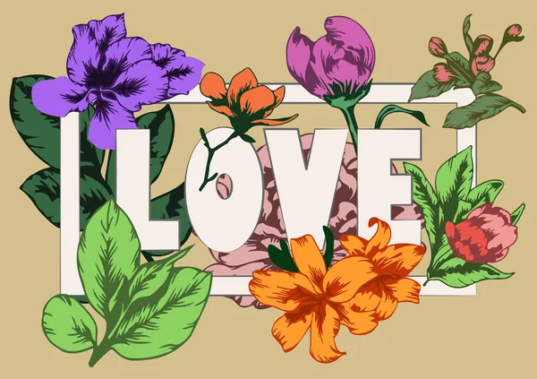 Grußkarte Mit Liebe Typografie Kunst Und Blühenden Garten Blumen — Stockvektor