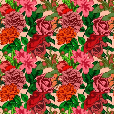 Çiçek açan güller, zambak, şakayık ve diğer çiçeklerle kusursuz desen.