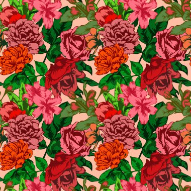 Çiçek açan güller, zambak, şakayık ve bahçedeki diğer çiçeklerle kusursuz desen.