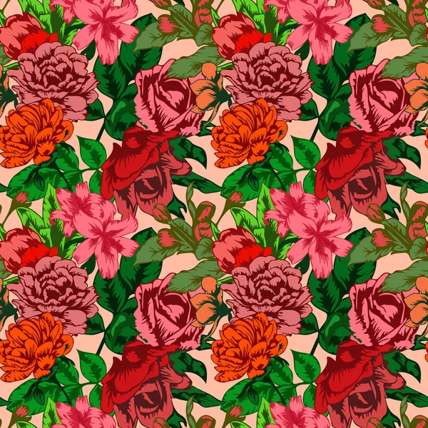 Nahtloses Muster Mit Blühenden Rosen Lilien Pfingstrosen Und Anderen Blumen — Stockvektor