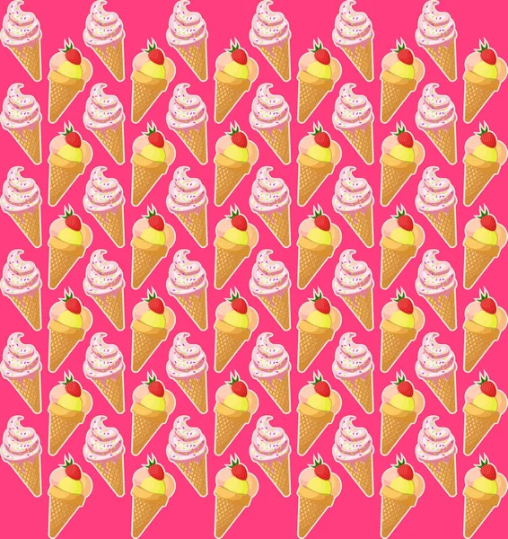 Cute Food Pattern Waffle Cones Strawberry Ice Cream Scoops Frozen — Stockfoto