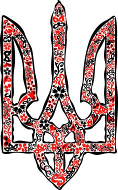 Ukrainian national emblem trident tryzub in in red and black colors and ethnical pattern