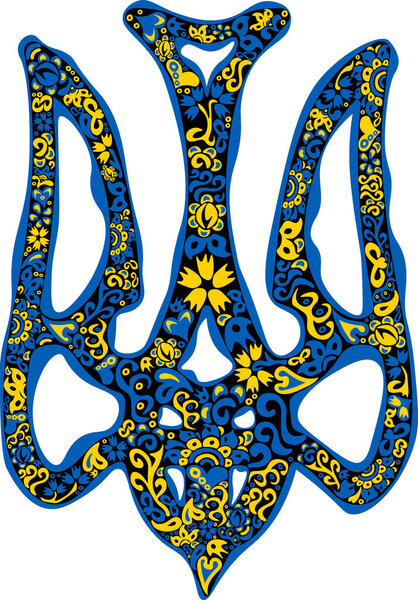 Stylized Ukrainian national emblem trident tryzub in Ukrainian flag colors and traditional ethnical pattern on black