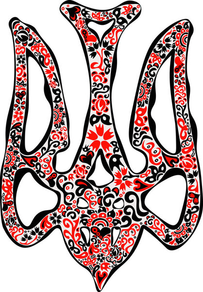 Stylized Ukrainian national emblem trident tryzub and traditional ethnical pattern on black