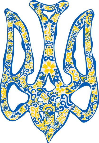 Stylized Ukrainian national emblem trident tryzub in Ukrainian flag colors and ethnical pattern